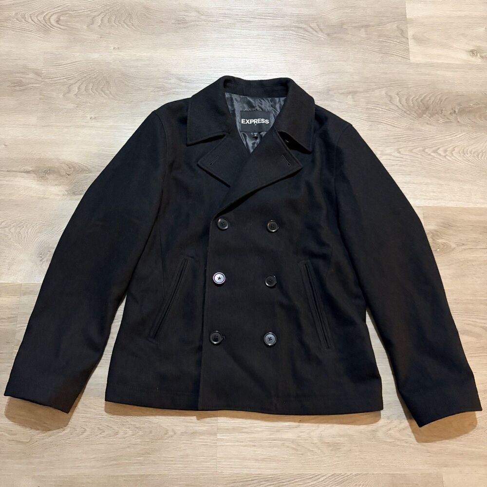 Express Black Double Breasted Military Peacoat Jacket Mens Size Medium
